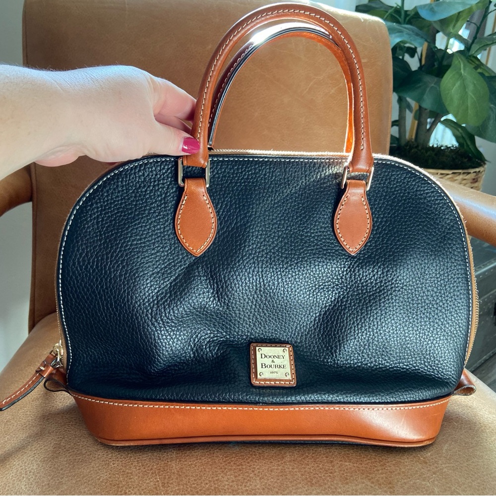 Dooney & Burke Pebble Grain Zip Up Satchel Black and Tan